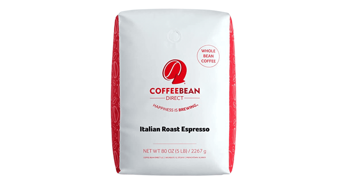 White and Red Bag of Italian Roast Coffee from Coffee Bean Direct