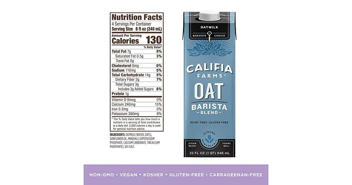 Califa Oat Milk Nutritional Label
