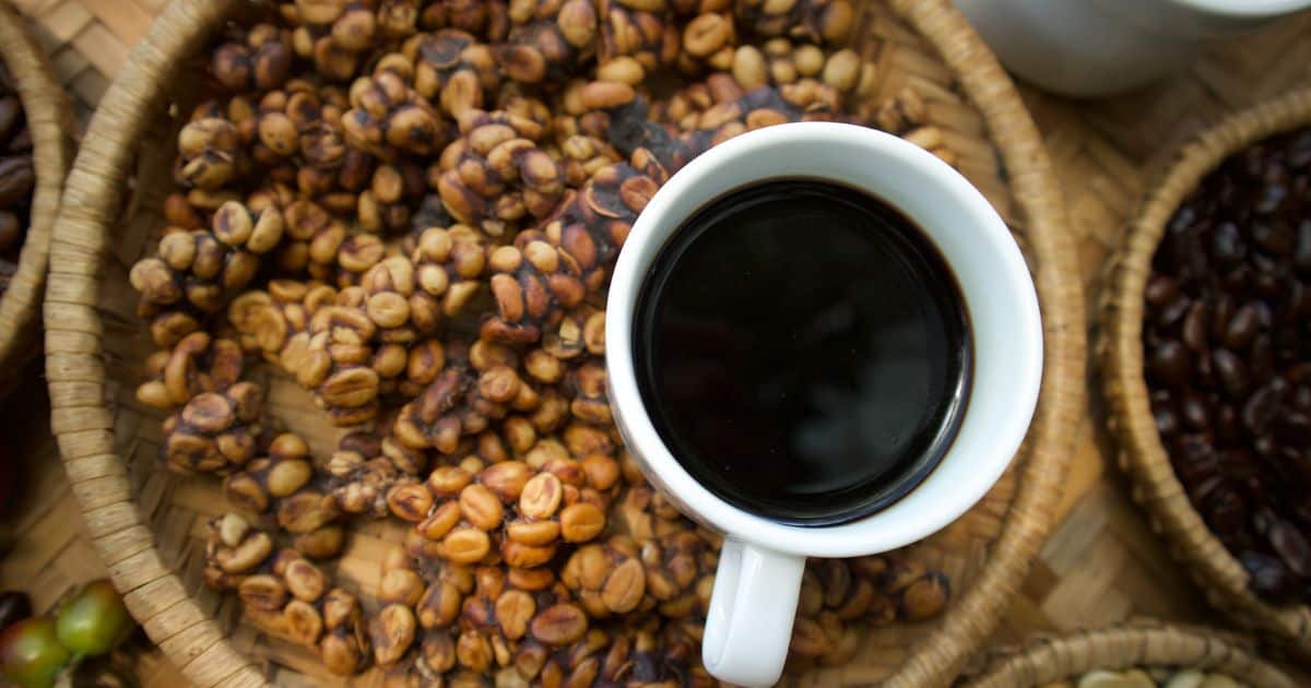 Cup of black kopi luwak in a small woven basket filled with Civet coffee bean poop.