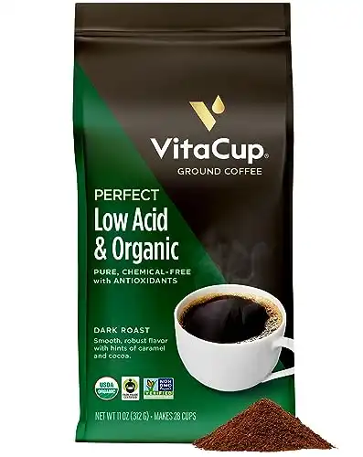 VitaCup Perfect Low Acid Coffee Ground, USDA Organic & Fair Trade, Mycotoxin Free, Dark Roast Guatemala Single Origin, Clean & Pure for Drip Coffee Brewers and French Press, 11 ounces