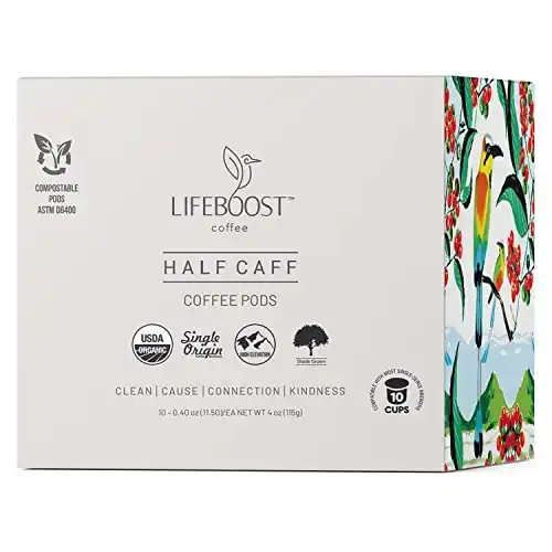 Lifeboost Coffee USDA Organic Coffee Pods Half Caff - Low Acid Single Origin Non-GMO Half Caff Coffee K Cups for Keurig & Keurig 2 - No Mycotoxins or Pesticides - 10 Count
