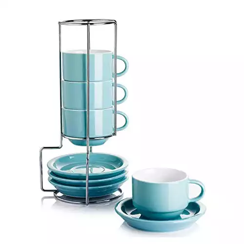 Sweese 2.5 Ounce Porcelain Stackable Espresso Cups with Saucers and Metal Stand Set of 4